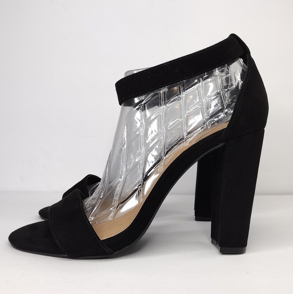 Torrid Women's Black Suede Leather Two Strap Tapered Open Toe Chunky Heel - Picture 2 of 16